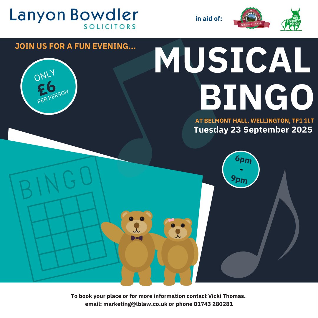 Lanyon Bowdler (@lanyonbowdler) on Twitter photo Musical Bingo Charity Fundraiser 23 September 2025, mark off song titles instead of numbers as the songs play. Everyone is welcome. To book or for more info email: marketing@lblaw.co.uk
#musicalbingo #Fundraising Musical Bingo Charity Fundraiser 23 September 2025, mark off song titles instead of numbers as the songs play. Everyone is welcome. To book or for more info email: marketing@lblaw.co.uk
#musicalbingo #Fundraising