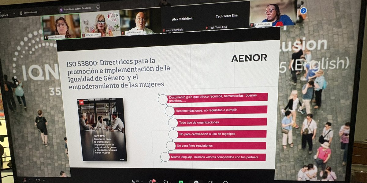 MILMMaribel's tweet image. Escuchando la interesante presentación de Susana Estudillo de @AENOR sobre La Norma ISO 53800, como motor de la transformación global en igualdad de género, norma para organizaciones de todo tipo y de cualquier parte del mundo en el Webinar de #IQnet.@mujeres_snic