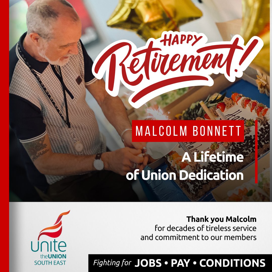 unite_southeast's tweet image. 🎉 Today we celebrated the retirement of our Regional Officer Malcolm Bonnett.
Malcolm has been a tireless advocate for workers' rights and an unwavering voice for @unitetheunion members.
✊ From everyone in the region — thank you, Malcolm.
❤️ Enjoy a well-earned retirement!