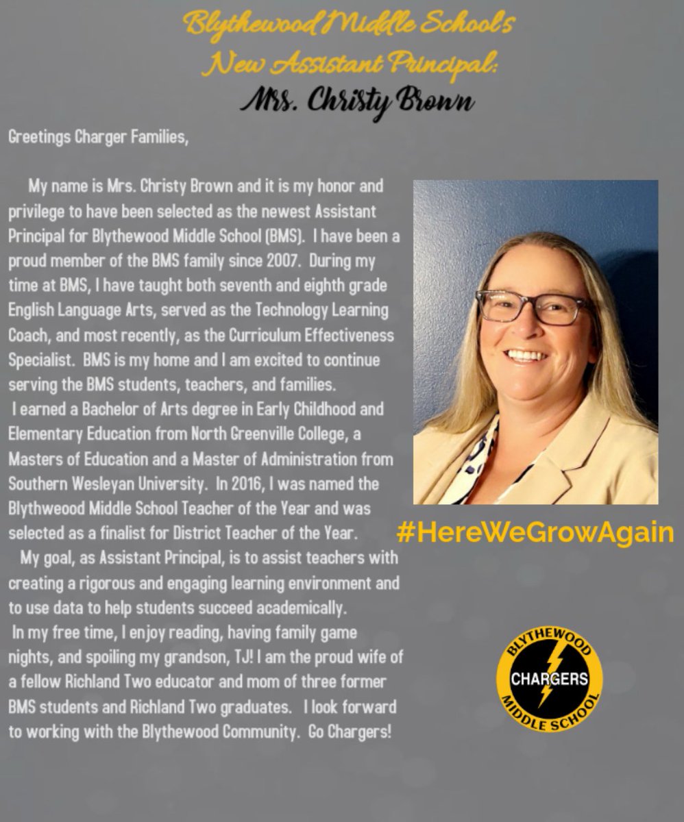 Blythewood Middle (@bmsatrsd2) on Twitter photo Blythewood Middle School is proud to announce our newest Assistant Principal, Mrs. Christy Brown. <a href="/RichlandTwo/">Richland School District Two</a> <a href="/cbrown2015/">Mrs. Brown</a> Blythewood Middle School is proud to announce our newest Assistant Principal, Mrs. Christy Brown. <a href="/RichlandTwo/">Richland School District Two</a> <a href="/cbrown2015/">Mrs. Brown</a>