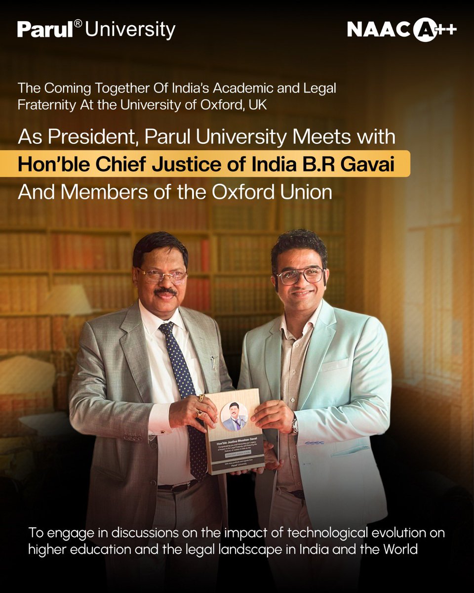 drdevanshupatel's tweet image. Honoured to engage with Hon’ble CJI Shri B.R. Gavai &amp;amp; @OxfordUnion at @UniofOxford . Spoke on evolving legal &amp;amp; education frameworks in a tech-driven era. At @ParulUni, we champion innovation, justice &amp;amp; global collaboration. #KnowledgeBeyondBorders