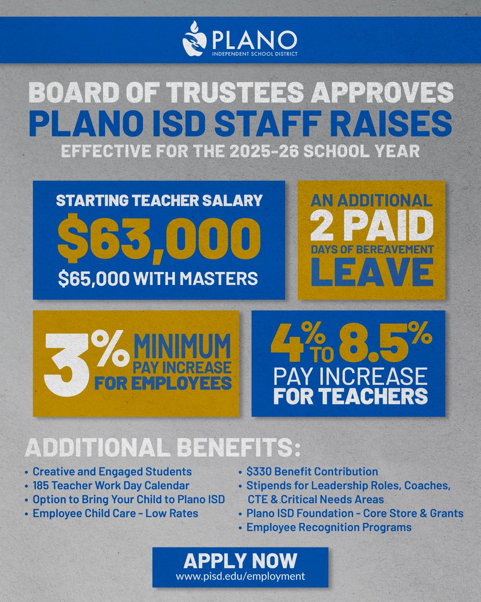 🎉 𝗘𝘅𝗰𝗶𝘁𝗶𝗻𝗴 𝗡𝗲𝘄𝘀! 🎉

At last night's meeting, the Plano ISD Board of Trustees approved the recommended 2025-26 compensation plan, the largest and most comprehensive in district history!🔗pisd.edu/Page/34440

Join our team:
pisd.edu/employment
#TeamPlanoISD