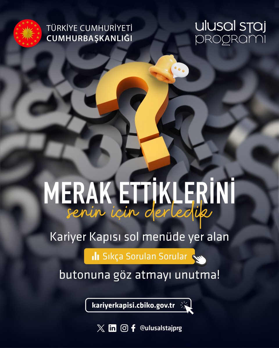Ulusal Staj Programı (@ulusalstajprg) on Twitter photo #UlusalStajProgramı ile ilgili merak ettiklerinizi “Sıkça Sorulan Sorular” bölümümüzde topladık!
Detaylı bilgi için Kariyer Kapısı’nı ziyaret edebilir, bu bölümde yer almayan tüm soru, görüş ve önerilerinizi ulusalstajprogrami@cbiko.gov.tr e-posta adresine iletebilirsiniz.
🔗 #UlusalStajProgramı ile ilgili merak ettiklerinizi “Sıkça Sorulan Sorular” bölümümüzde topladık!
Detaylı bilgi için Kariyer Kapısı’nı ziyaret edebilir, bu bölümde yer almayan tüm soru, görüş ve önerilerinizi ulusalstajprogrami@cbiko.gov.tr e-posta adresine iletebilirsiniz.
🔗
