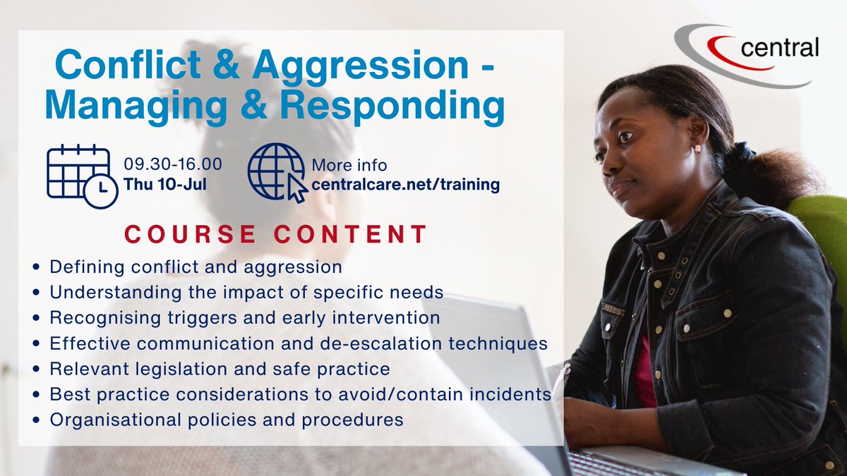 CentralCare's tweet image. Central Training's Conflict & Aggression course is designed to equip candidates with the skills and confidence to effectively manage challenging or volatile situations. Book your space today!
#training #VirtualTraining #opencourse #Conflict
centralcare.net/training/open-…