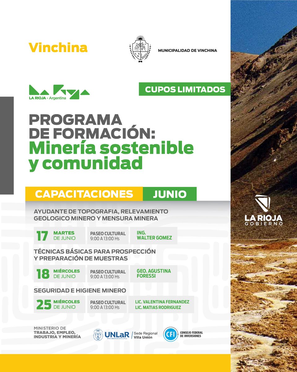 mintrabajo_lr's tweet photo. 📢 Capacitaciones en VINCHINA- JUNIO

Súmate al "Programa de Formación: Minería Sostenible y Comunidad", una iniciativa que busca fortalecer el conocimiento y el desarrollo local. https://t.co/bEJRbK4hi1