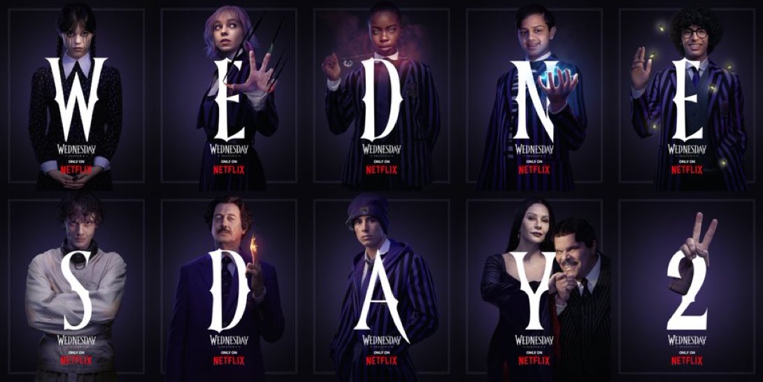 Primeiros pôsteres individuais da 2° temporada de 'Wandinha'! 

A nova temporada estreia em agosto e setembro na Netflix.