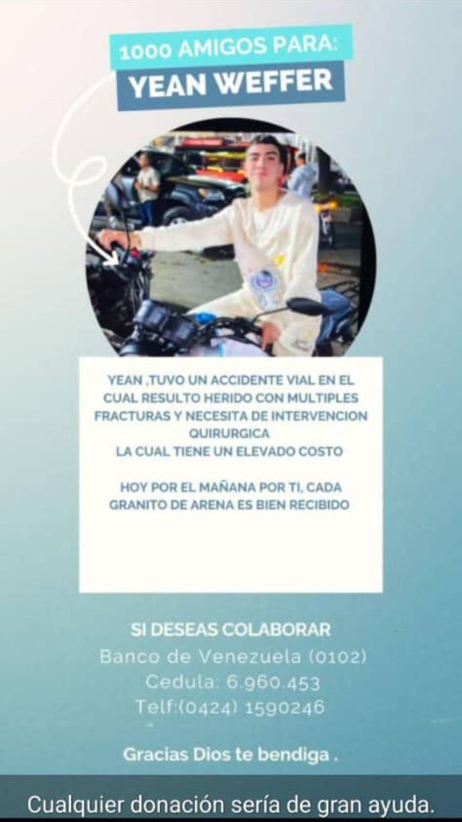 Leo (@diceleo_) on Twitter photo ๐จ๐๐๐๐๐ ๐ ๐๐๐
๐๐๐๐๐!
Yean necesita de nuestra ayuda, cualquier colaboraciรณn que le puedan dar es bien recibida.
ยกHoy por Yean, maรฑana por ustedes! ๐
Esta hospitalizado en el Perez Carreรฑo.
Banco de Venezuela (0102)
Cedula: 6.960.453
Telf: (0424) 1590246
#11Jun ๐จ๐๐๐๐๐ ๐ ๐๐๐
๐๐๐๐๐!
Yean necesita de nuestra ayuda, cualquier colaboraciรณn que le puedan dar es bien recibida.
ยกHoy por Yean, maรฑana por ustedes! ๐
Esta hospitalizado en el Perez Carreรฑo.
Banco de Venezuela (0102)
Cedula: 6.960.453
Telf: (0424) 1590246
#11Jun