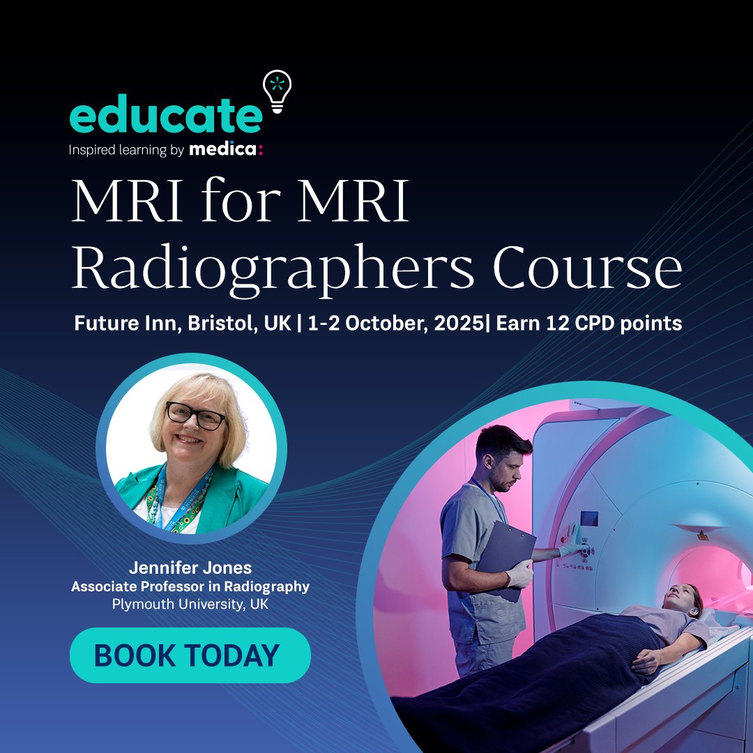 📣 New course announcement:

Join Jennifer Jones, Associate Professor of Radiography at Plymouth University, this October for a two-day, in-person course designed specifically for MRI radiographers.

👉 educatebymedica.com/events/mri-for…

#MRI #EducateByMedica