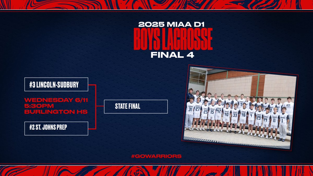 Good luck to #3 Boys Lacrosse as they take on #2 St John’s Prep today in the D1 State Semifinal 

5:30PM
Burlington HS

Tickets must be purchased online at GoFan

gofan.co/app/school/MA1…