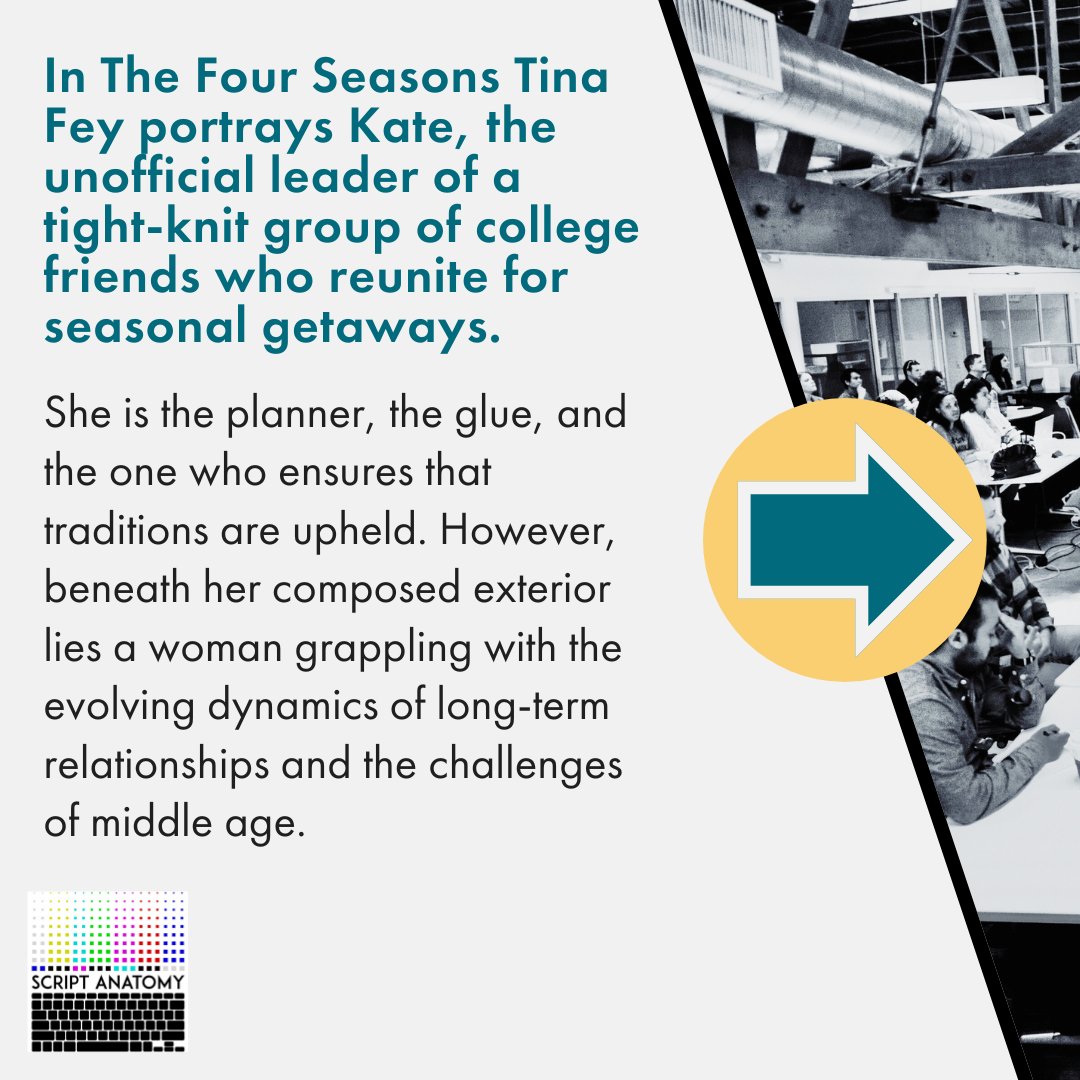 ScriptAnatomy's tweet image. Tina Fey’s character Kate holds everyone together, but at the cost of real connection. Her need for control masks a fear of losing love, creating tension in her relationships. Vulnerability, not perfection, is her real path to closeness.  #ScriptAnatomy #ScreenwritingTips