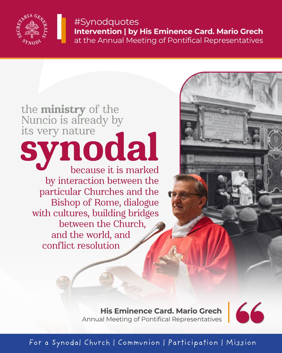Synod.va (@synod_va) on Twitter photo This morning <a href="/GrechMario/">Card. Mario Grech</a> delivered an intervention at the Annual Meeting of Pontifical Representatives, highlighting that the ministry of the Apostolic Nuncio is inherently #synodal as they engage with cultures, build bridges between the Church and the world & resolve conflicts. This morning <a href="/GrechMario/">Card. Mario Grech</a> delivered an intervention at the Annual Meeting of Pontifical Representatives, highlighting that the ministry of the Apostolic Nuncio is inherently #synodal as they engage with cultures, build bridges between the Church and the world & resolve conflicts.