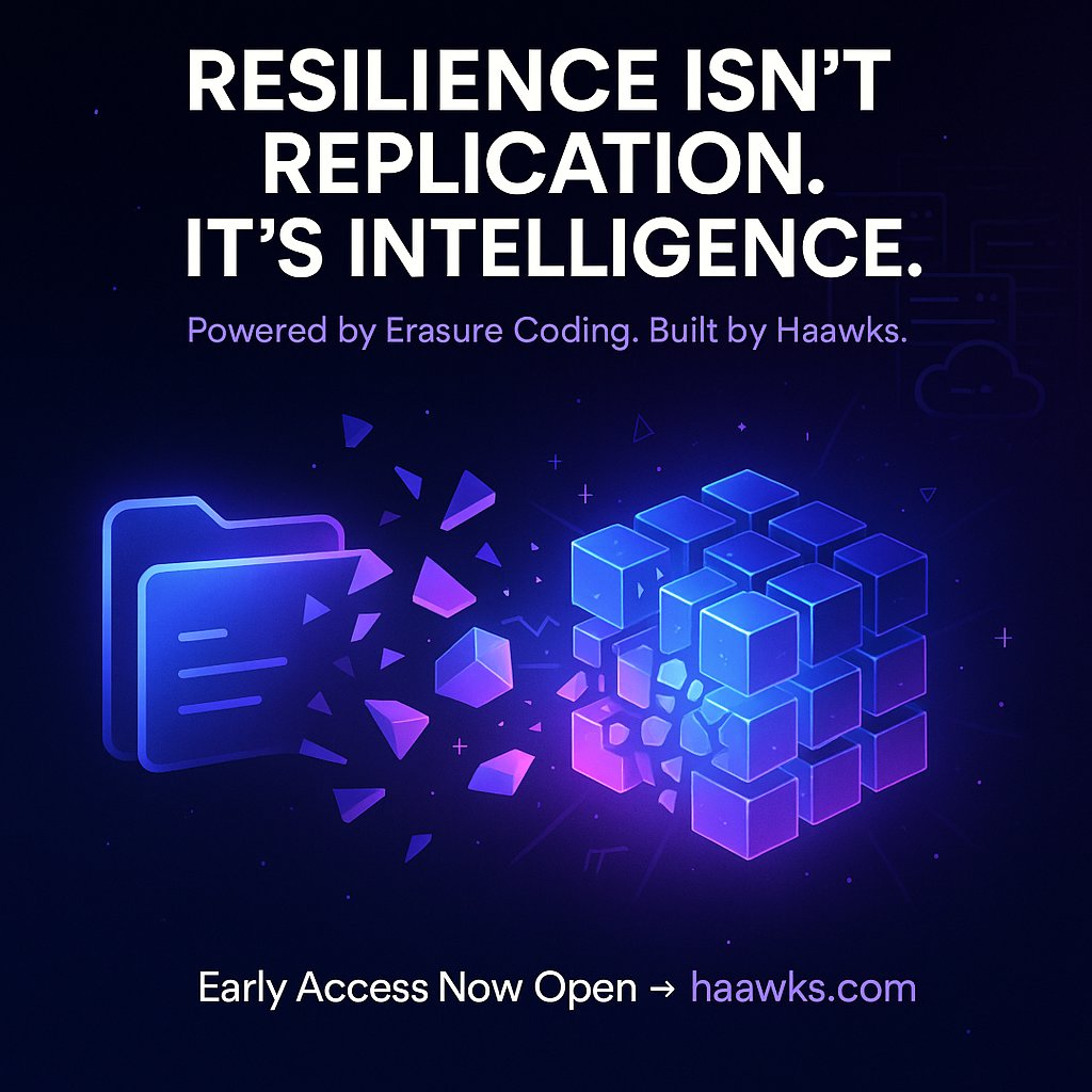 Haawks_chain's tweet photo. Why replicate when you can rebuild smarter?
Erasure coding > replication.
✅ Less storage
✅ Faster rebuilds
✅ No central failure
At Haawks, we’re using it to power the future of decentralized storage.
Early access is live—drop your thoughts 👇
#DePIN #Web3 #CloudStorage https://t.co/xAFKwrM8wd