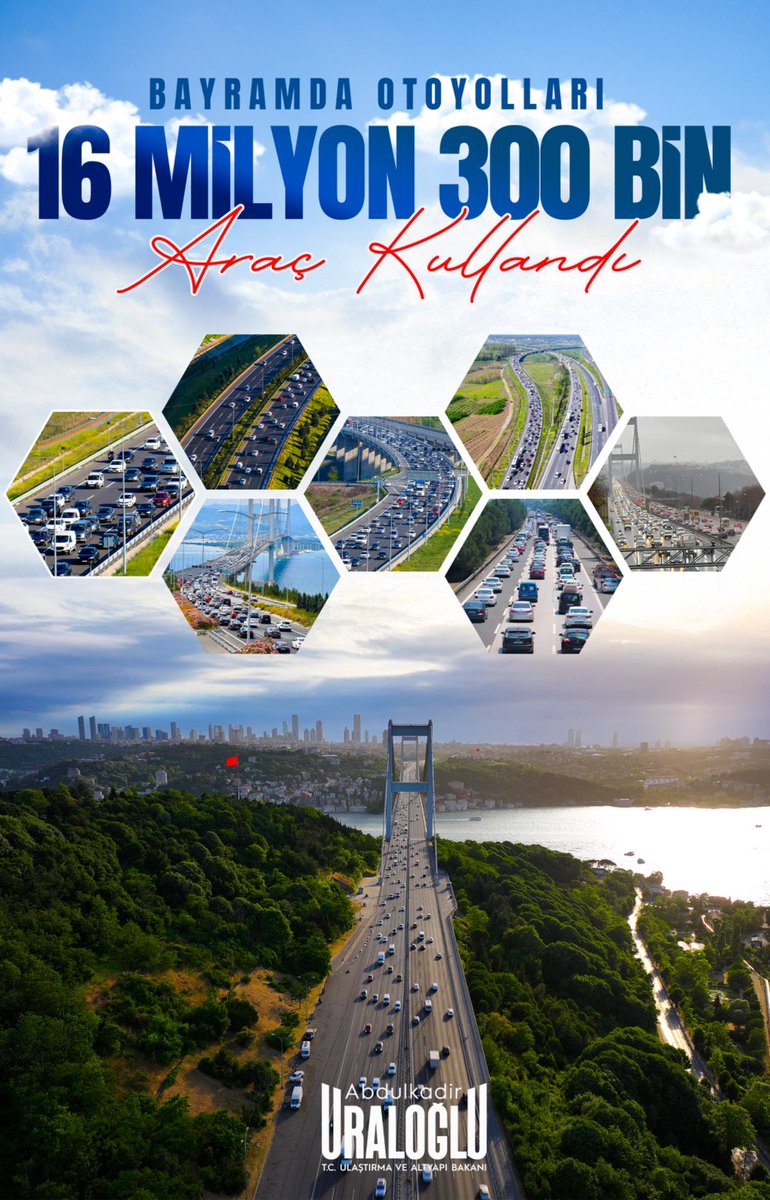 Bayramda, ulaşımın tüm modlarında hizmet vermeyi sürdürdük. 

Otoyollar 🛣️
4-9 Haziran tarihleri arasında otoyollardan yaklaşık 16,3 milyon araç geçiş yaptı.

Havayolları 🛫
Havalimanlarımızda misafir edilen yolcu sayısı 3 milyon 871 bin 108, uçak trafiği ise 27 bin 655 olarak