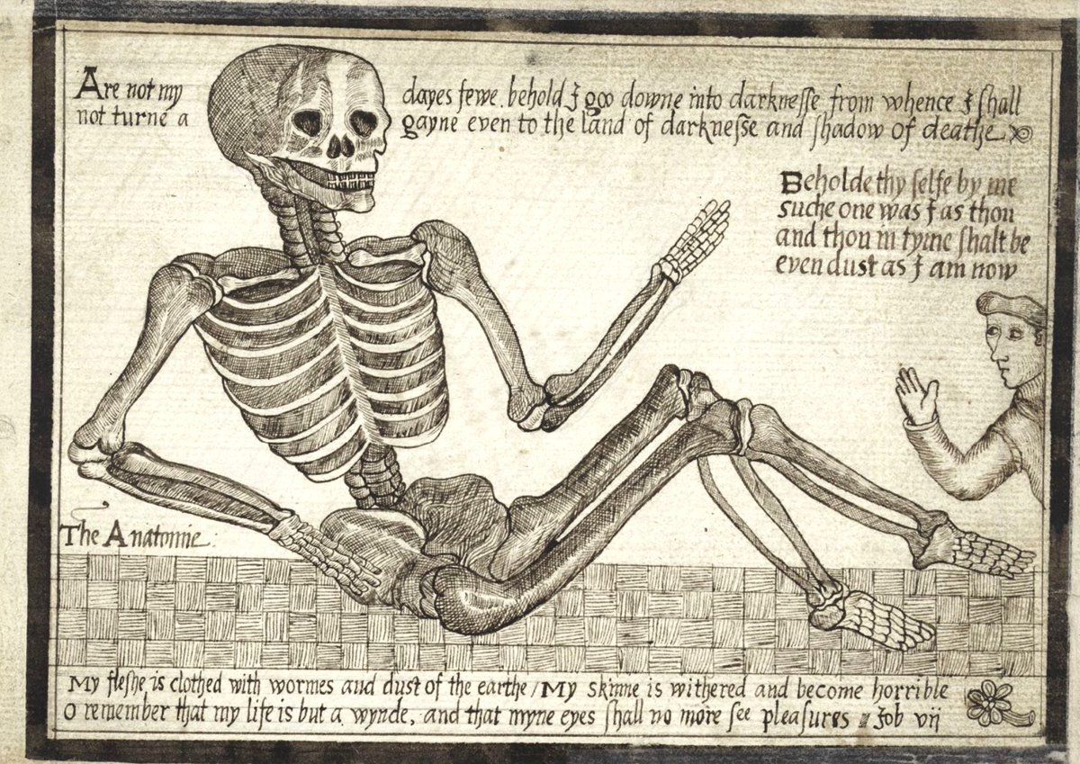 Está una tranquilamente hojeando un manuscrito y memento mori en la cara: "Mi carne está vestida de gusanos y del polvo de la tierra. Mi piel está marchita y se ha vuelto horrible. Recuerda que mi vida no es más que un soplo, y que mis ojos no verán más el placer."