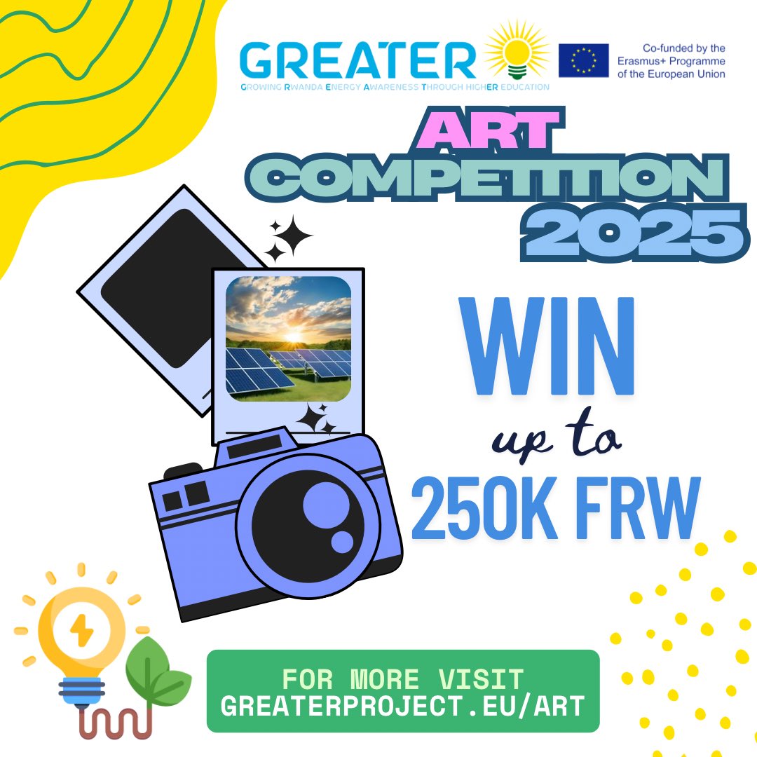 ErasmusGreater's tweet photo. Amazing prizes here !!!! You can win 250k Rwf just by using your talent in Photography Paint and Video!!! Whether you are an artist or not just create an art in Renewable Energy also living in Rwanda #ArtCompetition #photo #short #video #paint https://t.co/NS0LOkDecP