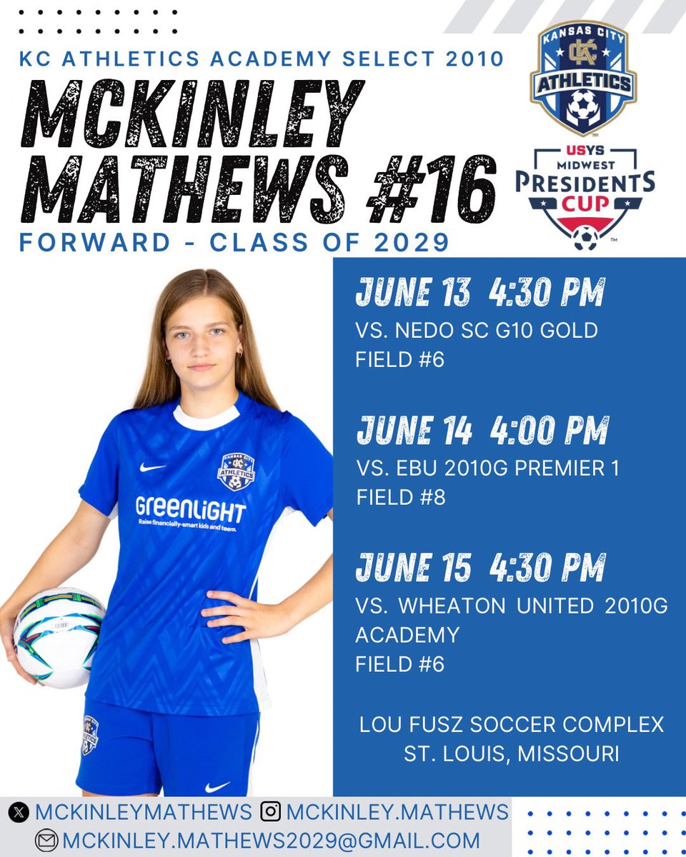 MckinleyMathews's tweet image. So excited for my team to represent Missouri in the Midwest Presidents Cup this weekend!
@AthleticsKC @MOSoccerGuy @ImYouthSoccer @PrepSoccer @FortO_Soccer