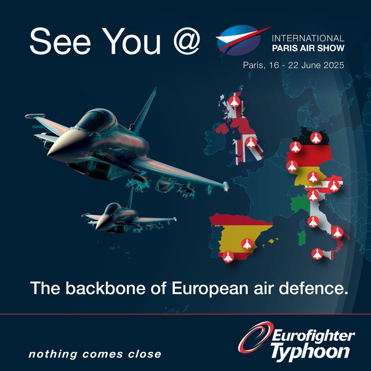 Exciting news! Eurofighter is thrilled to announce that we will be at #ParisAirShow2025 next week! 

* Paris Air Show
* 16th - 22nd June
* Le Bourget, Paris

Stay tuned for the latest news, behind the scenes glimpses and exclusive updates throughout the week

#NothingComesClose