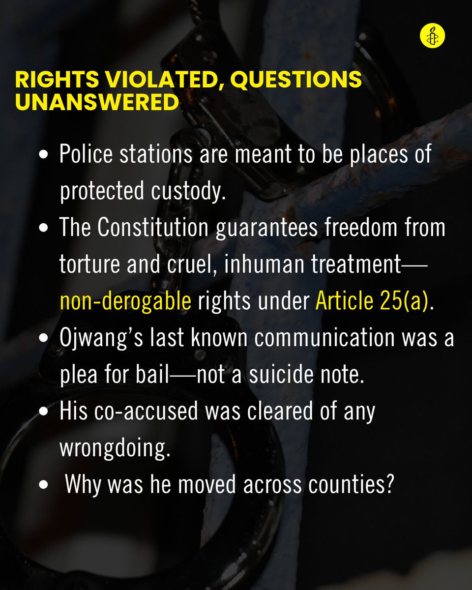 AmnestyKenya's tweet photo. He was a teacher, a father, and a citizen with rights. Now, he’s another name in Kenya’s growing list of police custody deaths. Mwalimu Albert Ojwang was arrested for a misdemeanour and died in police custody under suspicious circumstances. His death demands answers—and justice. This was not a tragedy. It was a violation. #JusticeForAlbertOjwang