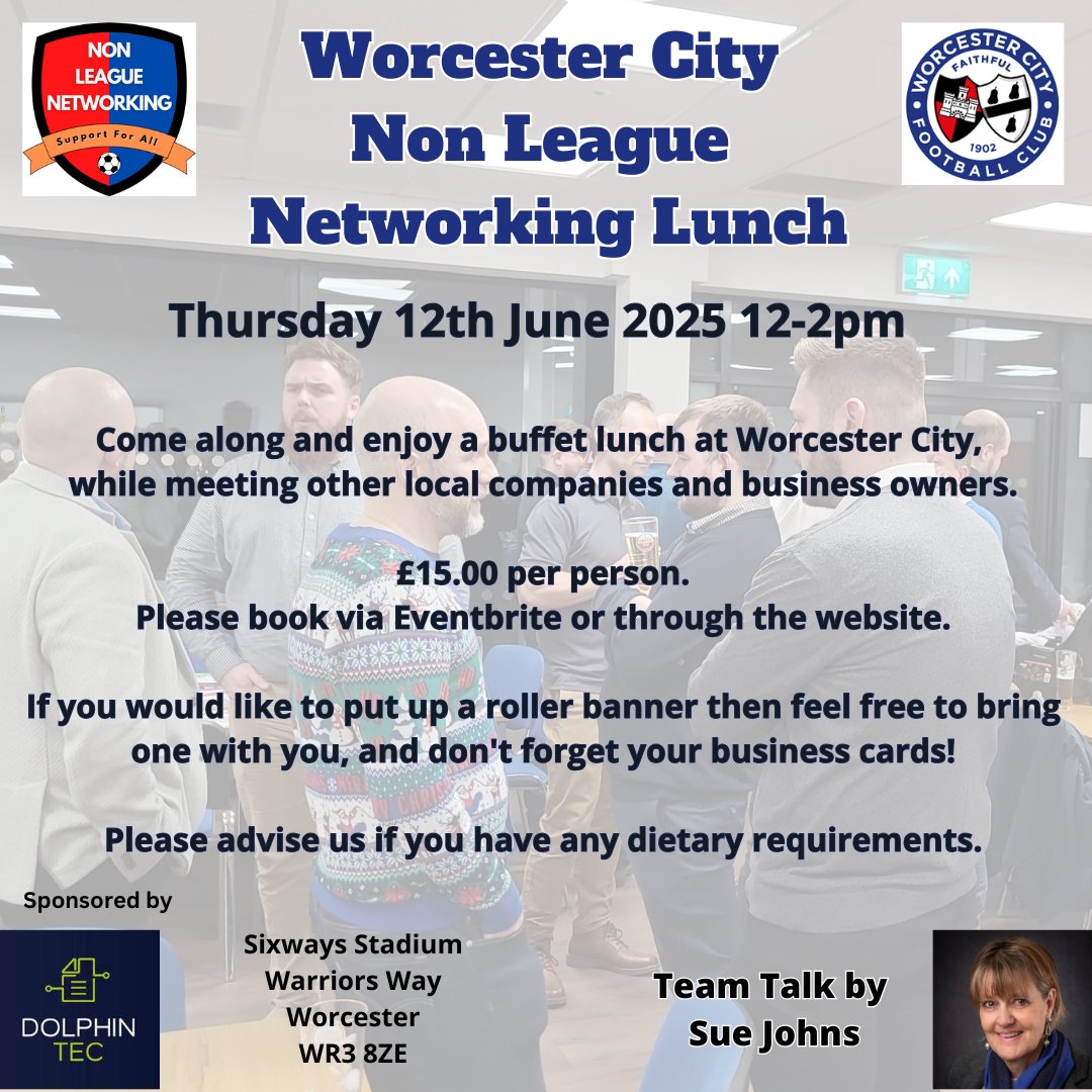 Non League Networking (@n_l_networking) on Twitter photo Tomorrow we are back for our bi-monthly networking lunch from 12-2pm at <a href="/WorcesterCityFc/">Worcester City FC</a>.
There will be around 30 local business owners and professionals there for a buffet lunch and building connections.
Book here: eventbrite.co.uk/e/136852688374…
#NonLeagueNetworking Tomorrow we are back for our bi-monthly networking lunch from 12-2pm at <a href="/WorcesterCityFc/">Worcester City FC</a>.
There will be around 30 local business owners and professionals there for a buffet lunch and building connections.
Book here: eventbrite.co.uk/e/136852688374…
#NonLeagueNetworking