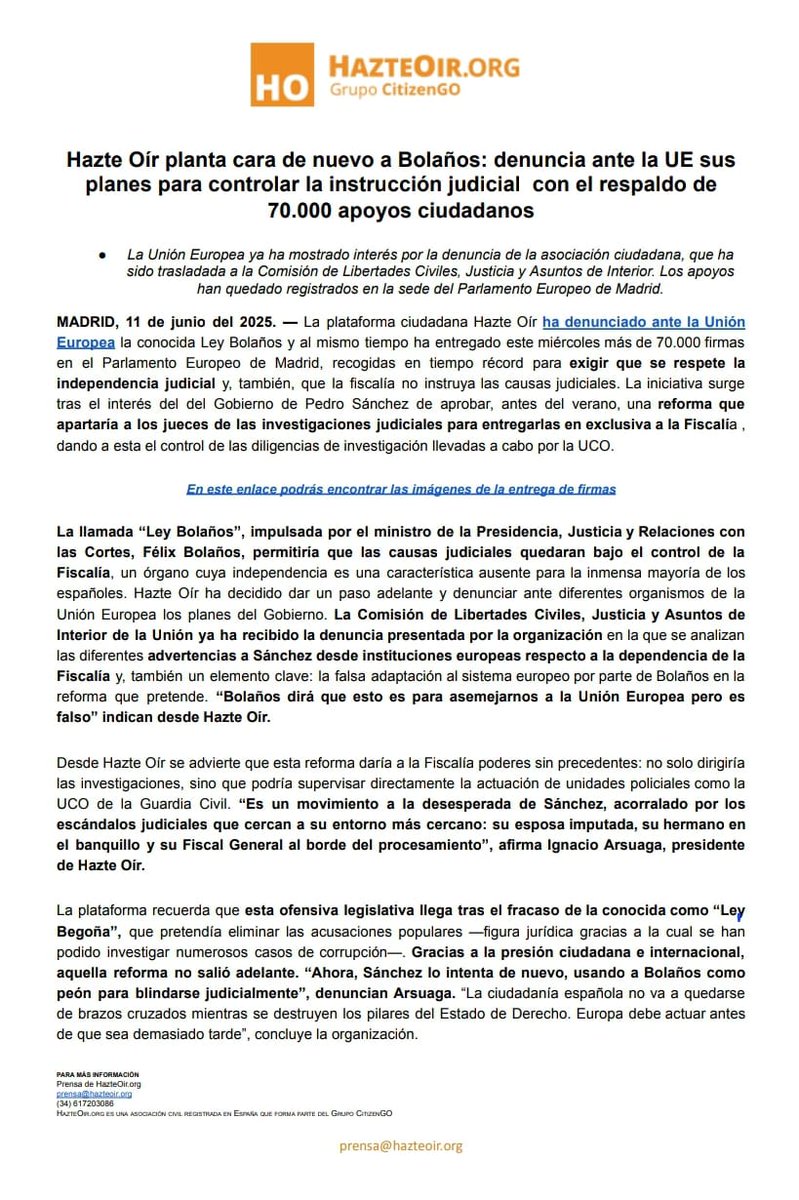🚨🚨 COMUNICADO // COMPARTE

Hazte Oír planta cara de nuevo a Bolaños: denuncia ante la UE sus planes para controlar la instrucción judicial  con el respaldo de 70.000 apoyos ciudadanos

La plataforma ciudadana Hazte Oír ha denunciado ante la Unión Europea la conocida Ley Bolaños