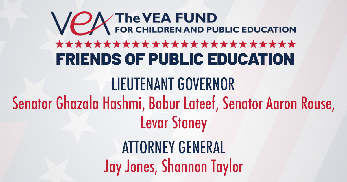 The <a href="/VEAFund/">VEA Fund</a> has voted all the interviewed candidates for Lieutenant Governor—Senator Ghazala Hashmi, Babur Lateef, Senator Aaron Rouse, and Levar Stoney—and for Attorney General—Jay Jones and Shannon Taylor—as Friends of Public Education. The primary is June 17. #VEAVotes