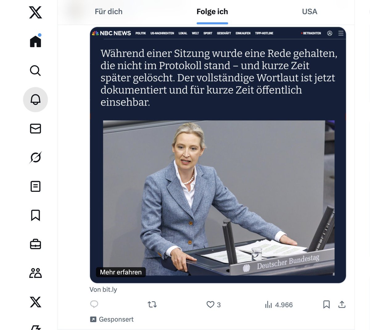 Dieser Werbe-Tweet wird in einer NBC-Optik ausgespielt - und wenn man drauf klickt, sieht es nach BILD aus. X ist eine schlimme Fake-News-Schleuder, ohne irgendwelche Sanktionen oder Kontrolle.