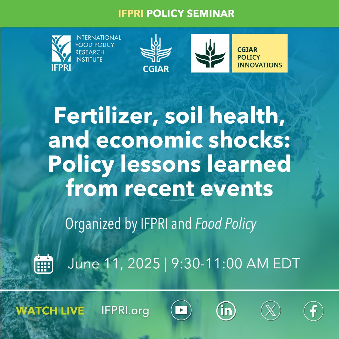 IFPRI (@ifpri) on Twitter photo ๐#HappeningNow: "Fertilizer, soil health, and economic shocks: Policy lessons learned from recent events"๐
๐บWatch #ifpriLIVE:
๐ซ bit.ly/SoilHealth-
๐ค bit.ly/SoilHealth-FB
๐ผ bit.ly/SoilHealth-LI
<a href="/_Food_Policy/">Food Policy</a> <a href="/CGIAR/">CGIAR</a> <a href="/CornellDyson/">Cornell Dyson</a> <a href="/WorldBank/">World Bank</a> <a href="/ASU/">Arizona State University</a> <a href="/irri/">IRRI ๐พ</a> ๐#HappeningNow: "Fertilizer, soil health, and economic shocks: Policy lessons learned from recent events"๐
๐บWatch #ifpriLIVE:
๐ซ bit.ly/SoilHealth-
๐ค bit.ly/SoilHealth-FB
๐ผ bit.ly/SoilHealth-LI
<a href="/_Food_Policy/">Food Policy</a> <a href="/CGIAR/">CGIAR</a> <a href="/CornellDyson/">Cornell Dyson</a> <a href="/WorldBank/">World Bank</a> <a href="/ASU/">Arizona State University</a> <a href="/irri/">IRRI ๐พ</a>