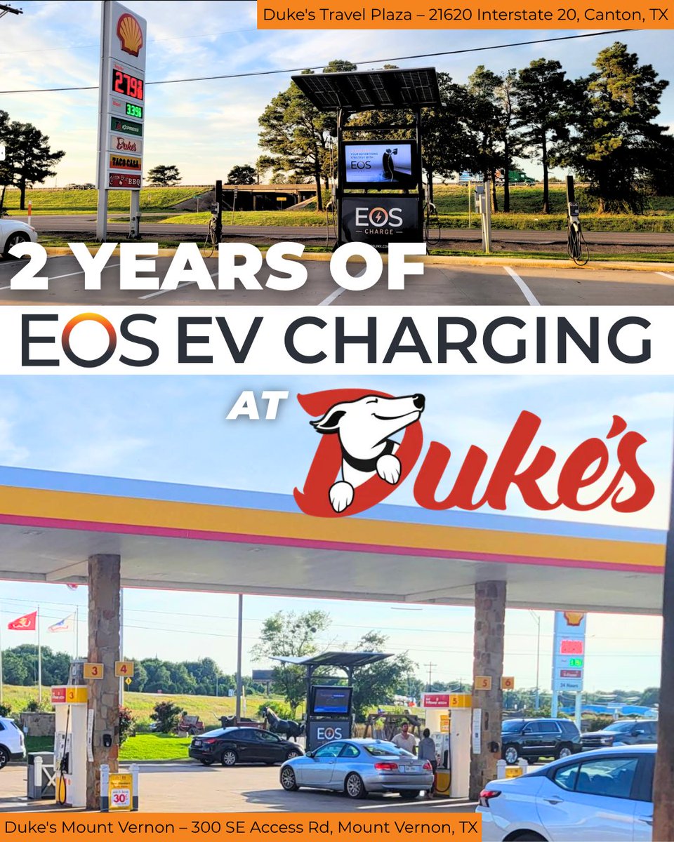 EOS Linx (@eoslinx) on Twitter photo 🎉 Celebrating 2 years of EV charging at Duke's Mount Vernon and Duke's Travel Plaza in Canton, TX! Thank you for driving with us towards a greener future. If you are interested in becoming a site host email us at sales@eoslinx.com!
#ChargerAnniversary #EOSLinx #EVCharging 🎉 Celebrating 2 years of EV charging at Duke's Mount Vernon and Duke's Travel Plaza in Canton, TX! Thank you for driving with us towards a greener future. If you are interested in becoming a site host email us at sales@eoslinx.com!
#ChargerAnniversary #EOSLinx #EVCharging