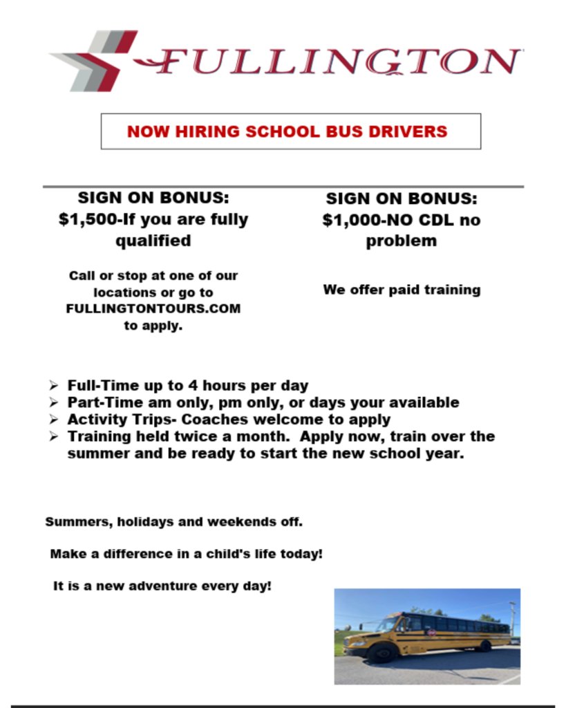 Fullington is looking to hire School Bus Drivers!  Please visit fullingtontours.com/employment/ to apply!