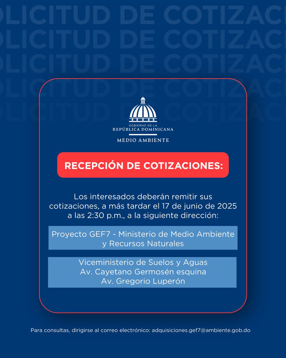 📢 ¡Atención proveedores!
GEF7-Medio Ambiente abre proceso de cotización: abonos e insumos agrícolas 🌱

📄 Requisitos y documentos:
👉 bit.ly/gef7insumos09

🗓 Límite: 17 de junio, 2:30 p. m.
📍 Av. Cayetano Germosén esq. Gregorio Luperón

#GEF7 #ComprasPúblicas #Ambienterd