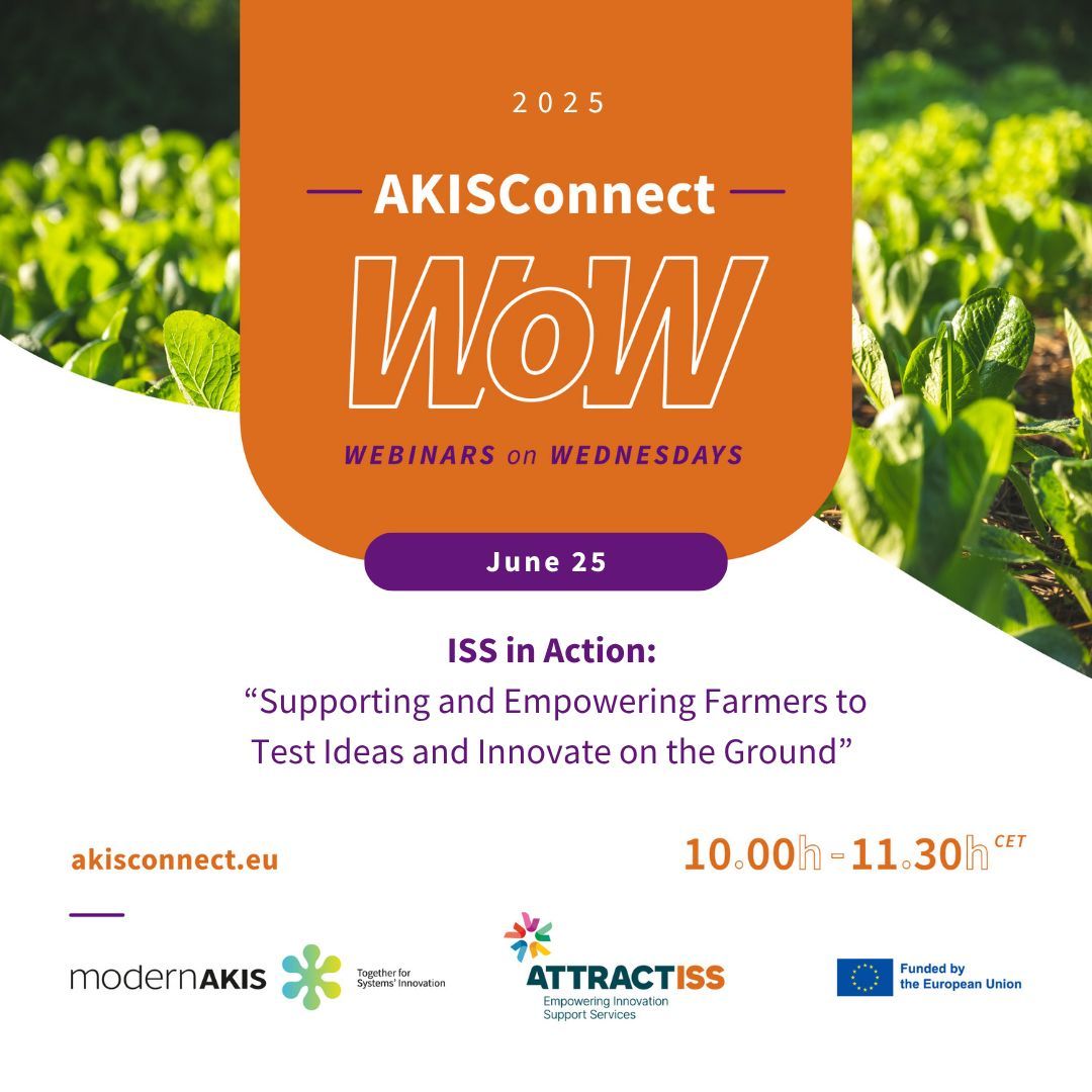🌱 Join us for the next WoW – Webinars on Wednesdays!

📅 Date: 25 June 2025
💻 Location: Online (via Teams)
⏰ Time: 10:00 – 11:30 CET

🔗 Find out more: Register Here

#WoWWebinars #SpiralOfInnovation #modernAKIS #ATTRACTISS #AgInnovation #SustainableFarming #CoCreation