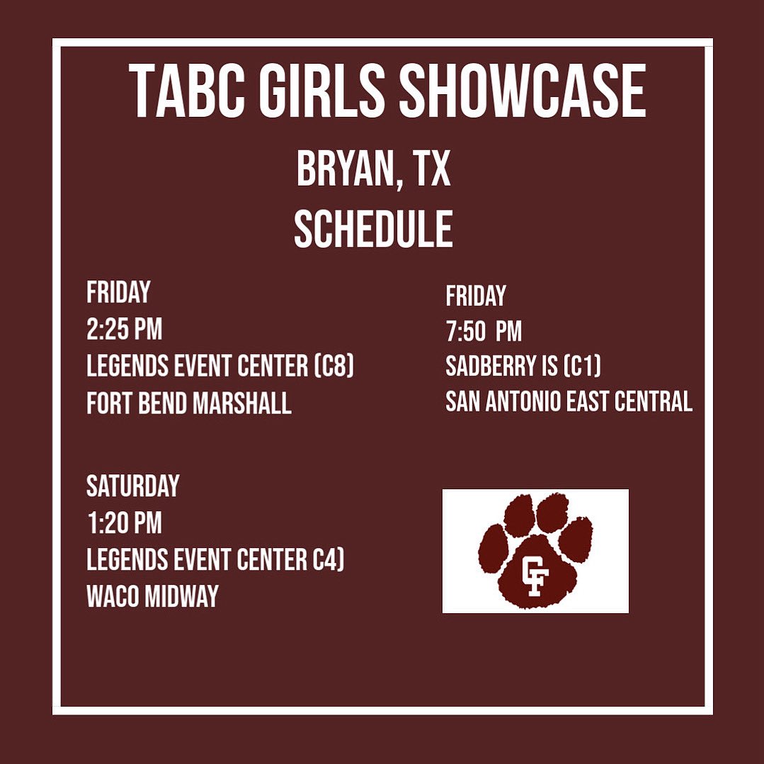 📅 Friday
 🕑 2:25 PM – vs Fort Bend Marshall
 📍 Legends Event Center (Court 8)
🕖 7:50 PM – vs San Antonio East Central
 📍 Sadberry IS (Court 1)
📅 Saturday
 🕐 1:20 PM – vs Waco Midway
 📍 Legends Event Center (Court 4)
Pull up and rep the 🐾🏀🐾! #RTE #texasbasketball