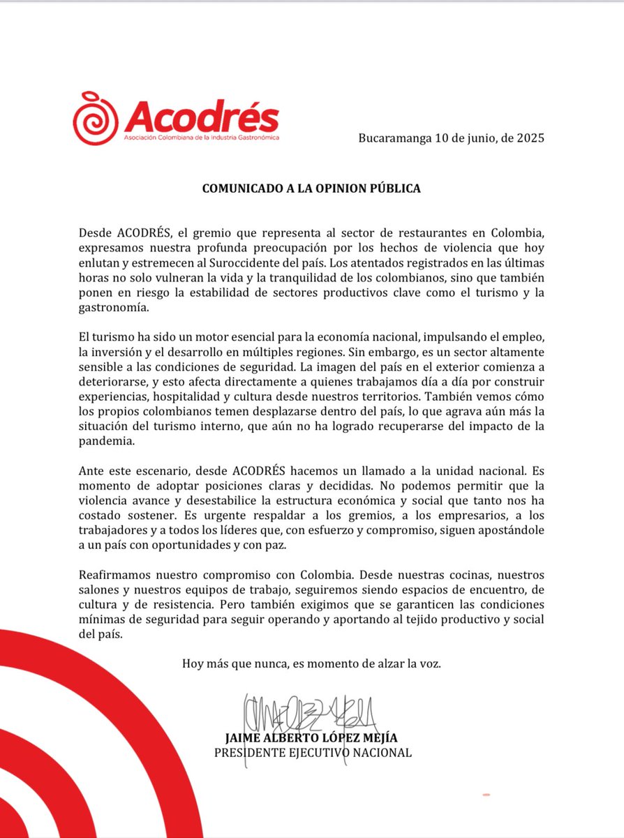 La violencia no es el camino! Los atentados registrados en las últimas horas no solo vulneran la vida y la tranquilidad de los colombianos, sino que también ponene en riesgo la estabilidad de sectores productivos claves como el turismo y la gastronomía ! 
#acodres