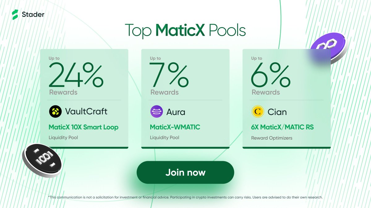 Stader Polygon (@stader_polygon) on Twitter photo Put your $MATIC to Work with Stader
Unlock powerful DeFi opportunities with these top $MaticX pools:
🔹 <a href="/VaultCraft_io/">VaultCraft</a>
🔹 <a href="/AuraFinance/">Aura</a>
🔹 <a href="/CIAN_protocol/">CIAN - Yield Layer of DeFi 🟡</a>
Mint $MaticX and activate your DeFi strategy today.
🔗 staderlabs.com/polygon/stake Put your $MATIC to Work with Stader
Unlock powerful DeFi opportunities with these top $MaticX pools:
🔹 <a href="/VaultCraft_io/">VaultCraft</a>
🔹 <a href="/AuraFinance/">Aura</a>
🔹 <a href="/CIAN_protocol/">CIAN - Yield Layer of DeFi 🟡</a>
Mint $MaticX and activate your DeFi strategy today.
🔗 staderlabs.com/polygon/stake