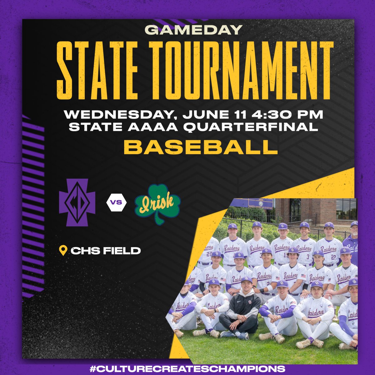 It's a great day to be a Raider!!! @cdhbaseball opens up state tournament play today vs. Rosemount in the State AAAA Quarterfinals from CHS Field. First pitch is 4:30 PM.