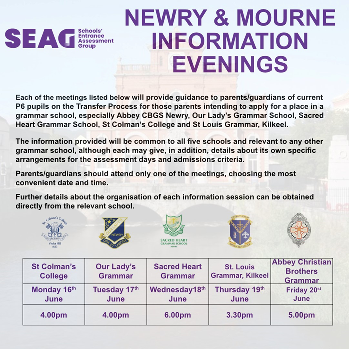 Please see attached updated information about the SEAG transfer process and upcoming information evenings for P6 parents.