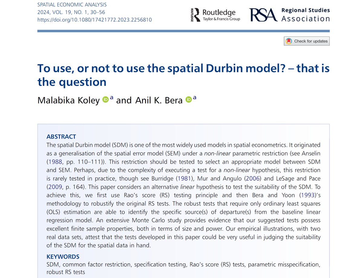 Best #SEA paper award 2024 goes to <a href="/KoleyMalabika/">Malabika Koley</a> and <a href="/AnilBer75410115/">Anil Bera</a> for their new and applicable test for the suitability of a #Spatial #Durbin #Model. #Code is available! See them present it regionalstudies.org/news/2025-spat… . Paper at dx.doi.org/10.1080/174217… - #spatialeconometrics