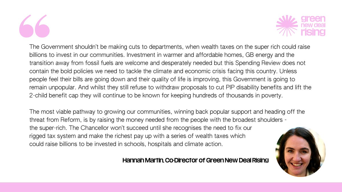 "The most viable pathway to growing our communities, winning back popular support and heading off the threat from Reform, is by raising the money needed from the people with the broadest shoulders - the super-rich."

Our reaction to today's Spending Review👇