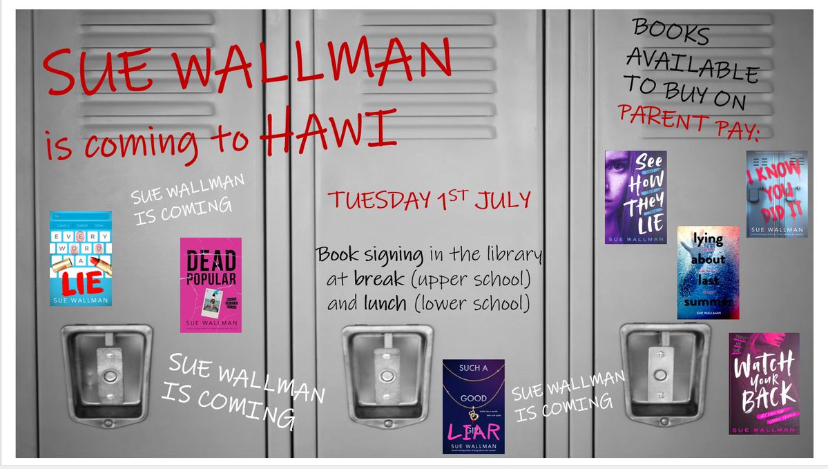 HAWI Library (@hawilibrary) on Twitter photo We are excited to welcome <a href="/SueWallman/">Sue Wallman</a> to our school on July 1st !
Look for our mysterious posters around the school, answer the hidden questions, gather the clues, and try to win a copy of Sue's latest novel, Watch Your Back! We are excited to welcome <a href="/SueWallman/">Sue Wallman</a> to our school on July 1st !
Look for our mysterious posters around the school, answer the hidden questions, gather the clues, and try to win a copy of Sue's latest novel, Watch Your Back!