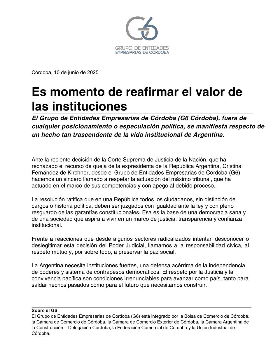 El G6 reafirma el valor de las instituciones y la Justicia

El Grupo de los 6, que nuclea a las entidades empresariales más representativas de la actividad económica de la provincia de Córdoba entre las que se encuentra la Federación Comercial de Córdoba  emitió un comunicado.