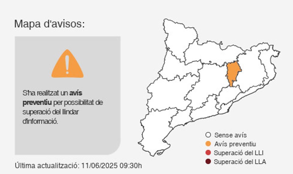 ⚠️Avís preventiu #ozoCAT

❗️ Transició Ecològica de la Generalitat comunica que avui, dimecres 11 de juny, es preveu que els nivells d’ozó troposfèric siguin elevats, amb possibilitat de superar el llindar d’informació (&lt;180 µg/m3) a la Plana de Vic.

👉 mediambient.gencat.cat/ca/05_ambits_d…
