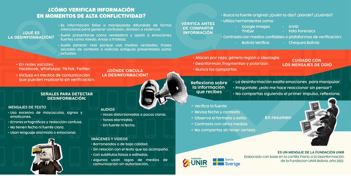⚠️ En tiempos de alta conflictividad, la desinformación se propaga rápido.

🧐 Antes de compartir, verificá:
✅ Fuente y fecha
✅ Si es actual o sacado de contexto
✅ Que no promueva odio

📲 Infografía de <a href="/UNIRBolivia/">UNIR Bolivia</a>