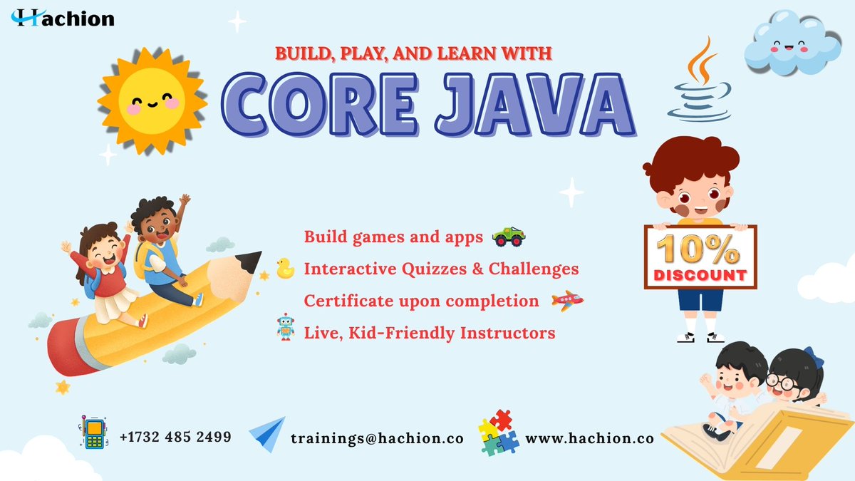 sanna_pra1401's tweet image. Core Java Online Training for Kids! 🌟
🔗 Register:-  forms.gle/WTnHkRqAWJis8Q…
Contact Info:
Call :  +1732-485-2499
Email :  trainings@hachion.co
WhatsApp :  wa.me/17324852499
#JavaForKids #SummerCoding #LearnJava #TechForTeens #usa #usatrainings #EarlyBirdDiscount #Hachion
