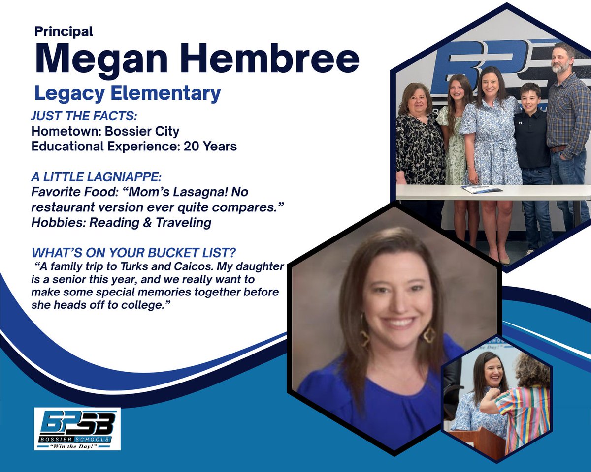 Megan Hembree assumes the role of Principal of Legacy Elementary! With 20 years in education, she brings a wealth of experience and a deep passion for student success. Hembree is a Legacy Bear through and through. Congratulations! #BossierSchools #wintheday