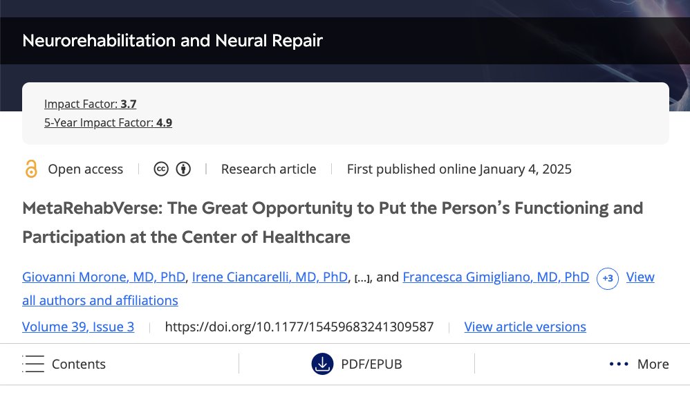 Can the metaverse be used to enhance #rehabilitation? This paper examines how it could be leveraged to facilitate interactions between experts, patients, caregivers &amp; rehab professionals as well as provide social engagement, entertainment &amp; new treatments.
journals.sagepub.com/doi/full/10.11…