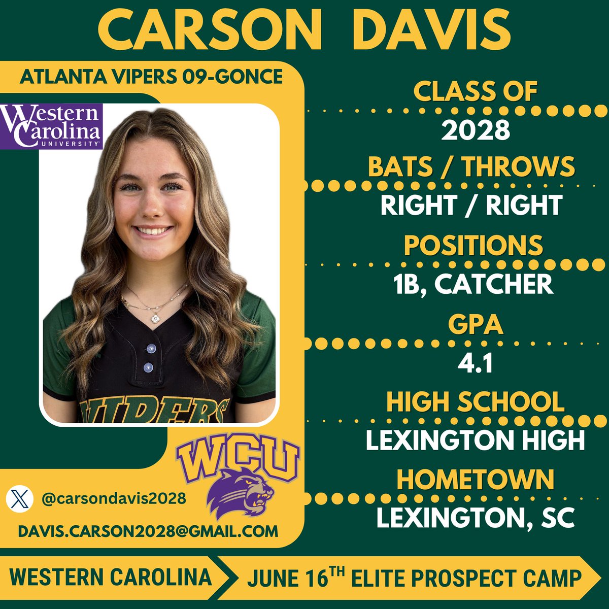 Atlanta Vipers '09-Gonce (@vipersgonce) on Twitter photo 📢 Western Carolina University Softball! Our #23 Carson Davis (<a href="/carsondavis2028/">Carson Davis</a>) is excited to showcase her 🥎 skills at the <a href="/CatamountSB/">Western Carolina Softball</a> Elite Prospect Camp on June 16th! LET'S GO Carson! #Superstar #bethestandard #ViperNation
<a href="/Clift_coach/">Jim Clift</a> <a href="/Mads_Arm2Strong/">Maddie Armstrong</a> <a href="/JeralynnWells/">Jeralynn_Wells</a> 📢 Western Carolina University Softball! Our #23 Carson Davis (<a href="/carsondavis2028/">Carson Davis</a>) is excited to showcase her 🥎 skills at the <a href="/CatamountSB/">Western Carolina Softball</a> Elite Prospect Camp on June 16th! LET'S GO Carson! #Superstar #bethestandard #ViperNation
<a href="/Clift_coach/">Jim Clift</a> <a href="/Mads_Arm2Strong/">Maddie Armstrong</a> <a href="/JeralynnWells/">Jeralynn_Wells</a>