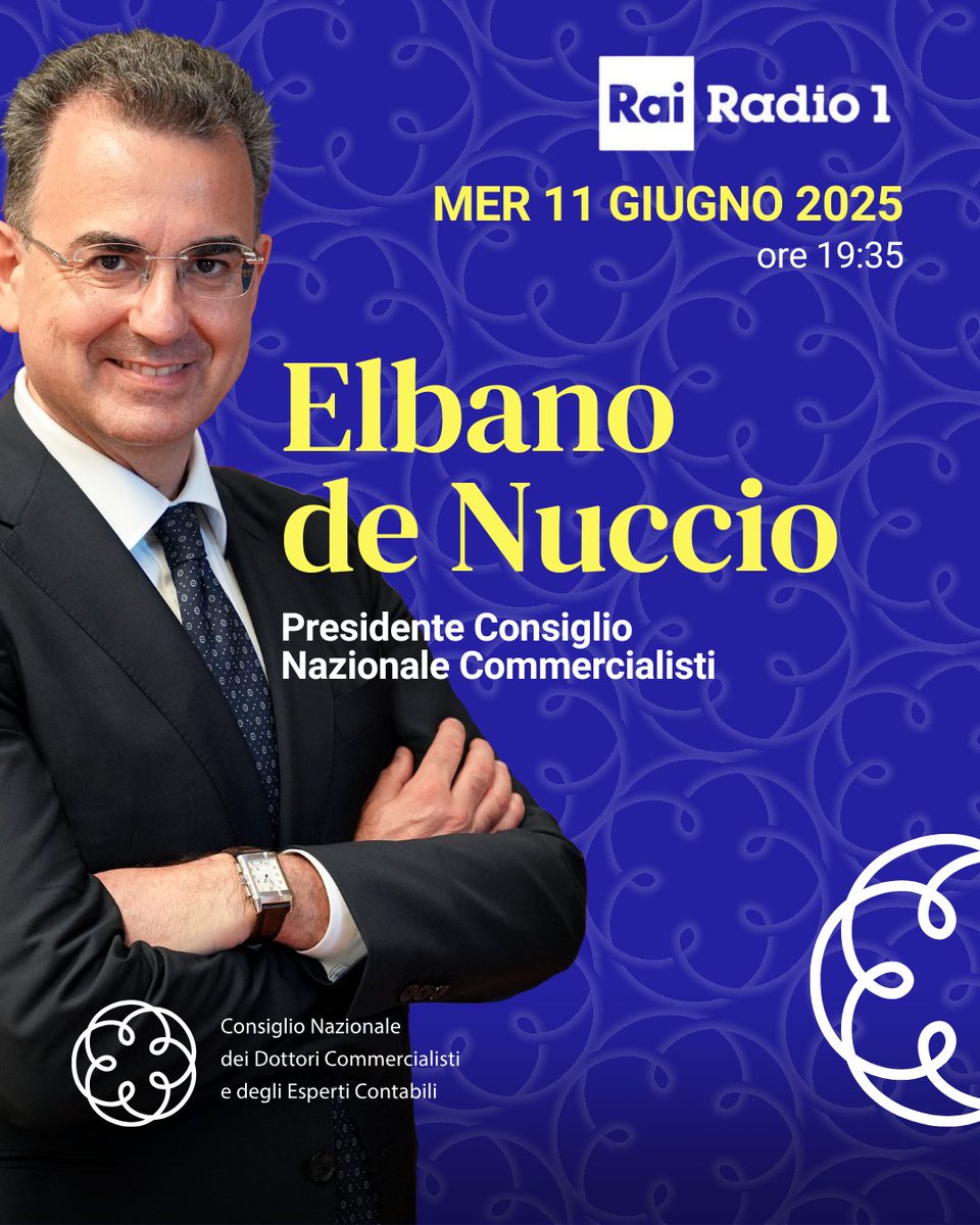 Consiglio nazionale commercialisti (@cndcecconsiglio) on Twitter photo Oggi il Presidente <a href="/CndcecConsiglio/">Consiglio nazionale commercialisti</a> nazionale #commercialisti <a href="/elbano_de/">Elbano de Nuccio</a> Nuccio sarà ospite della trasmissione Zapping su <a href="/Radio1Rai/">Rai Radio1</a> alle ore 19:35. I fatti del giorno raccontati, commentati e discussi da <a href="/gloquenzi/">giancarlo loquenzi</a> con i protagonisti dell'economia, della politica, della cultura Oggi il Presidente <a href="/CndcecConsiglio/">Consiglio nazionale commercialisti</a> nazionale #commercialisti <a href="/elbano_de/">Elbano de Nuccio</a> Nuccio sarà ospite della trasmissione Zapping su <a href="/Radio1Rai/">Rai Radio1</a> alle ore 19:35. I fatti del giorno raccontati, commentati e discussi da <a href="/gloquenzi/">giancarlo loquenzi</a> con i protagonisti dell'economia, della politica, della cultura