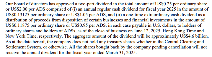 Remember $BABA goes ex-dividend today. For US ADR holders the amount is $1.05