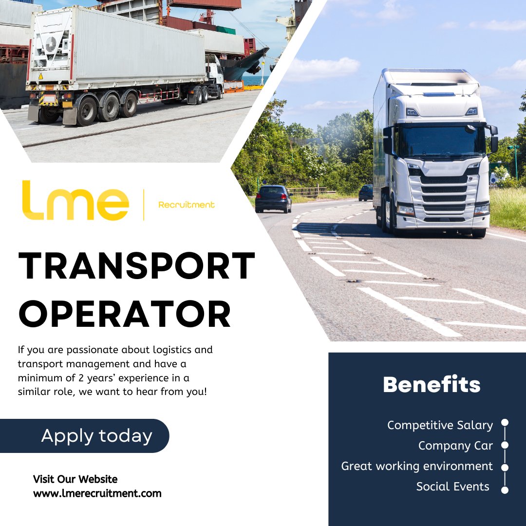 LME_Recruitment's tweet image. 🚚 Exciting Opportunity! Join our client as a Transport Operator in a thriving haulage company! 2+ years experience required. Enjoy a competitive salary &amp;amp; company car. Apply now: info@lmerecruitment.com #Logistics #TransportOperations