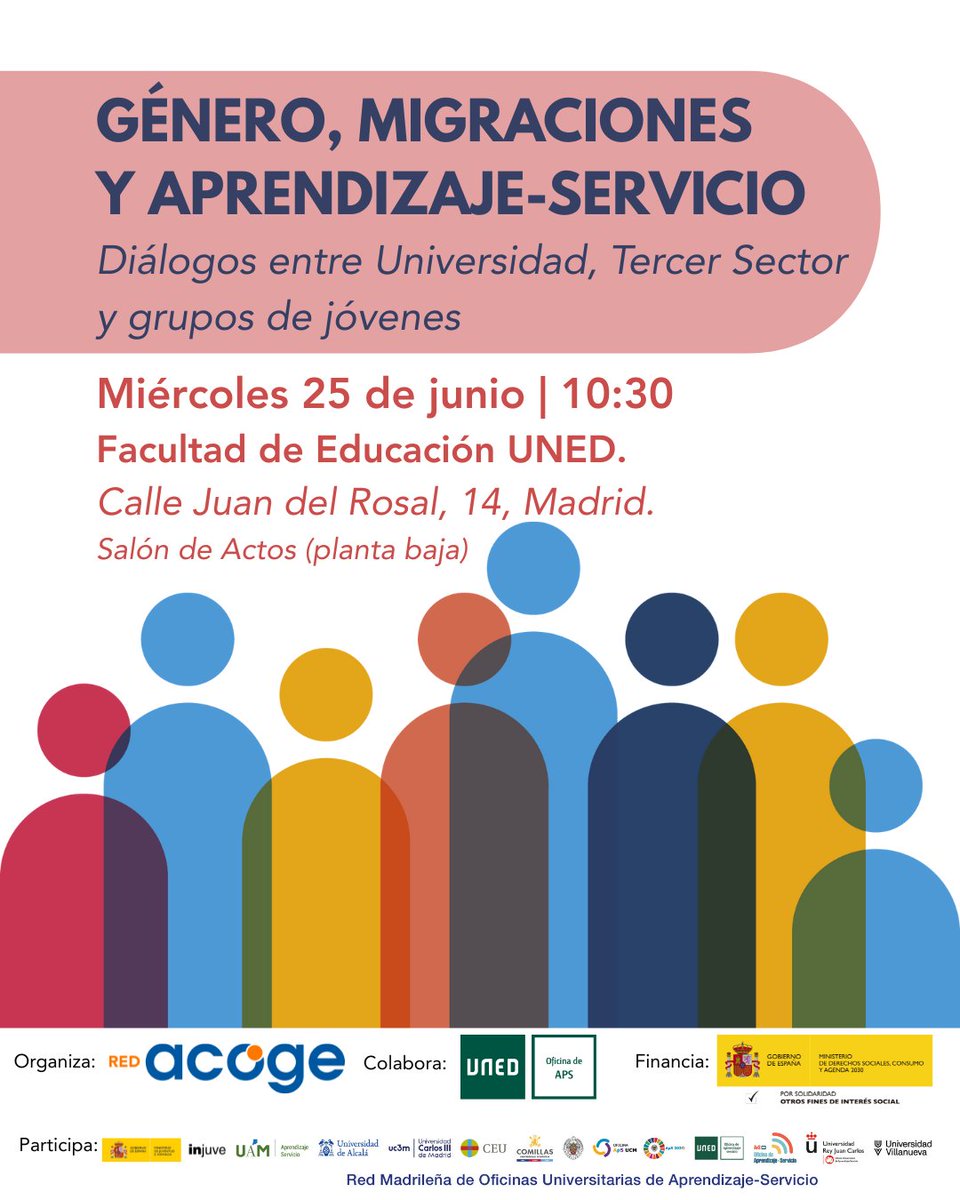 🗓️ 25/06 - 10:30📍Facultad de Educación <a href="/UNED/">UNED</a> 

Un espacio de conocimiento y diálogo colectivo implicando a diferentes actores clave en torno a la aplicación de la metodología de ApS en torno a género y migración. 

🔗INSCRÍBETE: goo.su/FwQUe

‼️Plazas limitadas‼️ #FSE